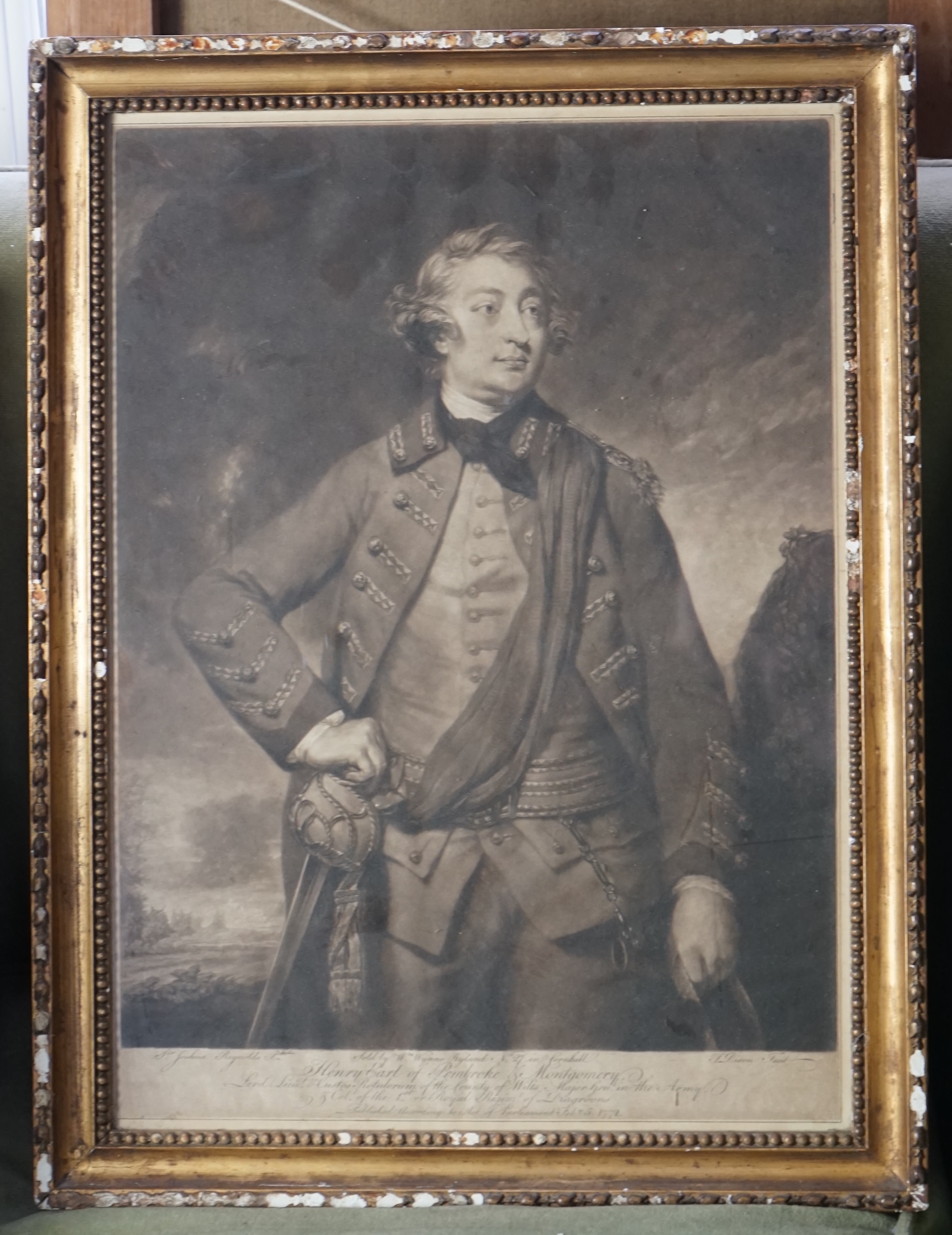 Dixon after Sir Joshua Reynolds Henry Earl of Pembroke & Montgomery 1772, mezzotint 46 x 33cm, and Kyte after Aikman, mezzotint, Mr Gay, author of The Beggar's Opera, 35 x 26cm. Condition - both with some fairly even dis